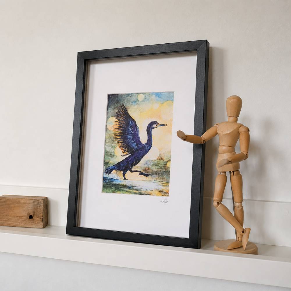 Vogelserie „tierisch ehrlich“ – 3 farbenfrohe Aquarell-Kunstdrucke gerahmt | Eisvogel, Eule & Kormoran Bild 4