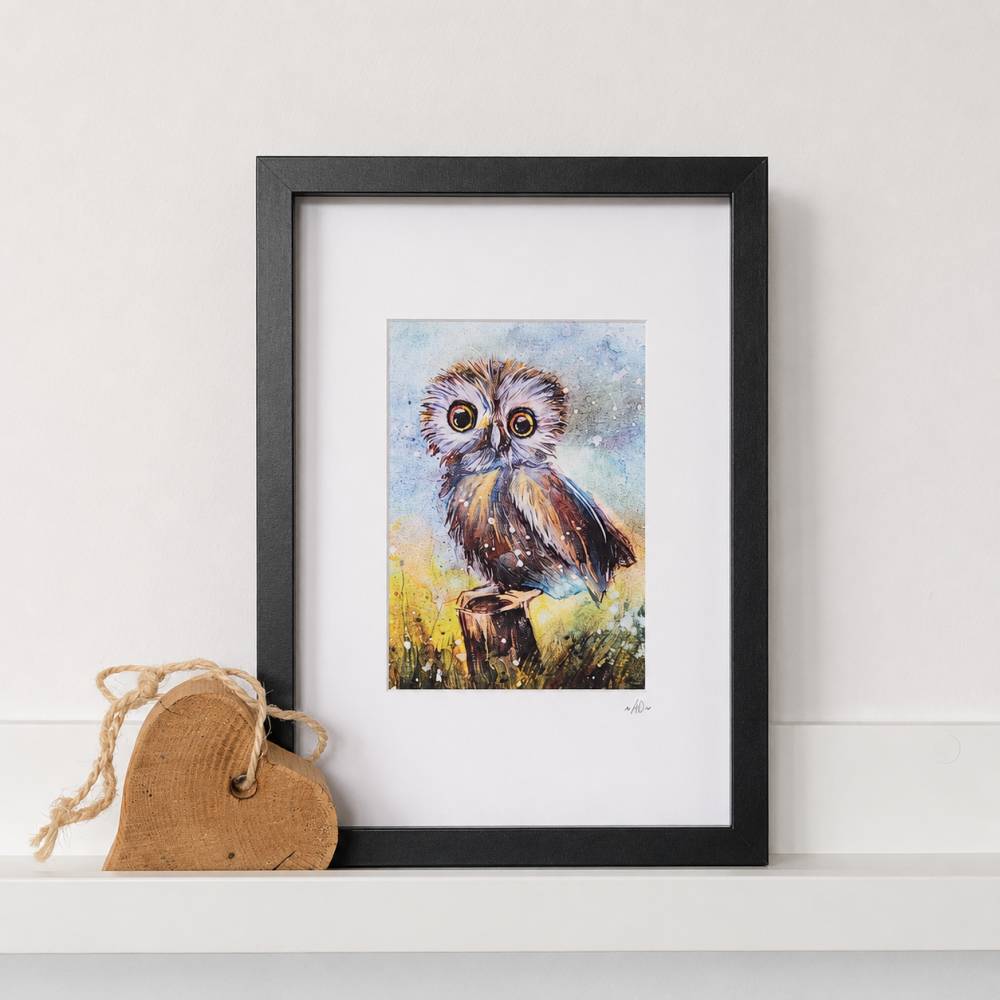 Vogelserie „tierisch ehrlich“ – 3 farbenfrohe Aquarell-Kunstdrucke gerahmt | Eisvogel, Eule & Kormoran Bild 5