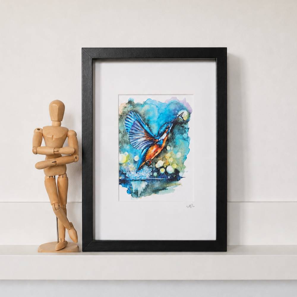 Vogelserie „tierisch ehrlich“ – 3 farbenfrohe Aquarell-Kunstdrucke gerahmt | Eisvogel, Eule & Kormoran Bild 6