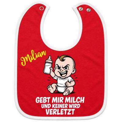 Baby Lätzchen mit farbigen Saum GEBT MIR MILCH personalisiert mit dem Namen