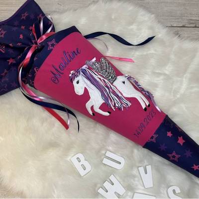 Schultüte, Zuckertüte, gestickt, Pegasus im Mähne, pink, lila, Einschulung, personalisierbar, Mädchen, als Kissen