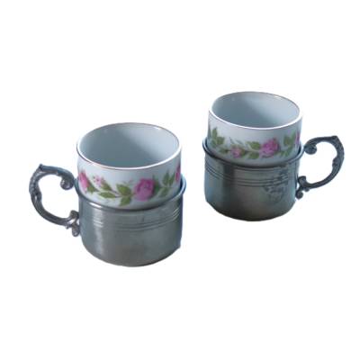 Vintage Porzellantassen mit Zinnhenkel Zinntassen Rosen WMF Rein - Zinn Espressotassen Mokkatassen Minibecher Goldrand