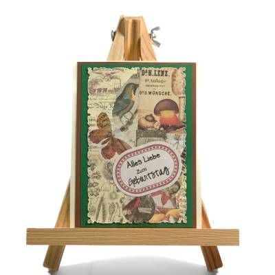 Geburtstagskarte im Vintage Scrappbook Style mit Naturbildern und Tieren, inkl. Umschlag