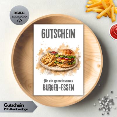 Burger Essen Gutschein Voucher, Geschenkgutschein Karte Restaurantbesuch, Geschenk Geschenkidee  DIY Druckvorlage PDF