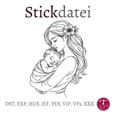 Stickdatei Mama Mutter mit Baby Konturstickdatei in verschiedenen Größen mit ITH Mutterpass
