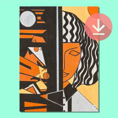 Kunstdruck „Frau in Orange“ als Download – modernes grafisches Porträt
