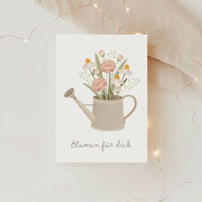 Postkarte Gießkanne Blumen "Blumen für dich" Blumenkorb Karte Frühling - Postkarte Geburtstag schlicht Blumenstrauß