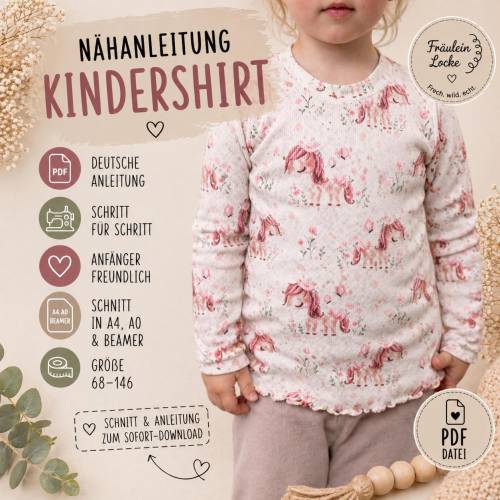 Schnittmuster Kinder Shirt 74–146 | T-Shirt nähen Kurzarm & Langarm | PDF Nähanleitung | A4, A0, Beamer
