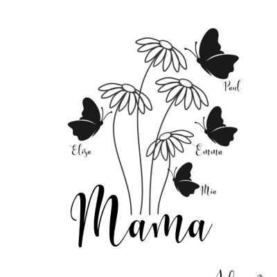 Bügelbild zum MUTTER-TAG - Mama Blumen & Schmetterlinge - personalisiert mit Kinder-Namen 