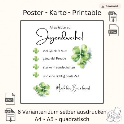 Jugendweihe Kleeblatt „Viel Glück & Mut“ – 6 digitale Dateien zum Selbstausdrucken – A4, A5, Quadratisch