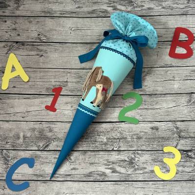 wunderschöne Schultüte Zuckertüte Pferde Stute mit Fohlen Türkis Reit traum