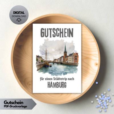 Hamburg Städtereise Gutschein | Voucher Reise, Städtetrip Deutschland DIY | Geburtstagsgeschenk PDF Download Vorlage