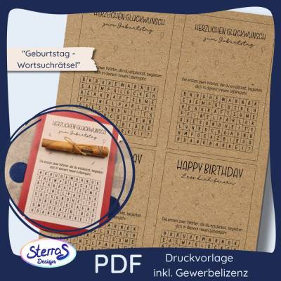 Geburtstag Geschenkkarte Wortsuchrätsel PDF - Kartenaufleger mit Geldgeschenk – inkl. Gewerbelizenz