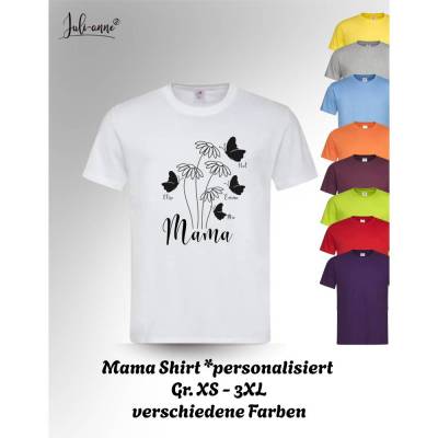 Mama Shirt mit Blumen und Schmetterlinge (Farbauswahl) - personalisiert mit Kindernamen 
