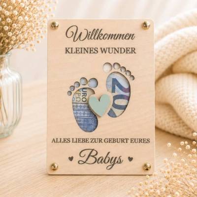 Baby Geschenk zur Geburt aus Holz, Geldgeschenk Babyfüße, Willkommen kleines Wunder, Geschenkidee Baby, Newborn