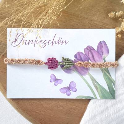 Makramee Tulpen Armband mit Schmuckkarte, kleines Dankeschön Geschenk, kleine Aufmerksamkeit für jeden Anlass, Sag Danke