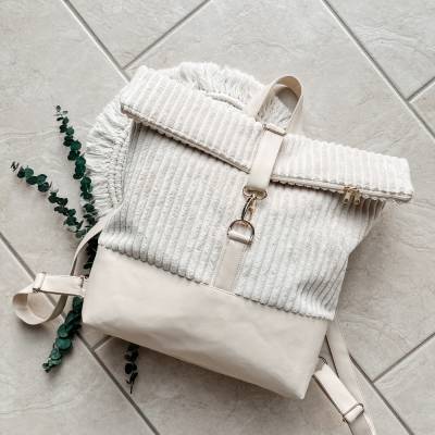 Rucksack aus Cord und Kunstleder, Foldover Backpack, Rolltop Rucksacktasche