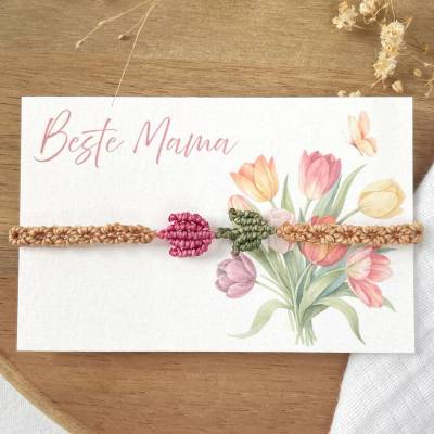 Armband für Mama - Herz oder Tulpe - handgemachtes Makramee Schmuckstück mit Wunschkarte, Geburtstag Geschenk für Mama