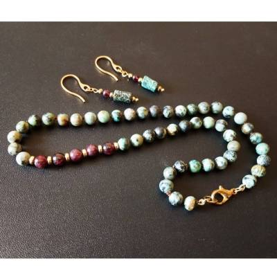 Edelstein Schmuckset aus Türkis und Granat, Edelstahl Elemente