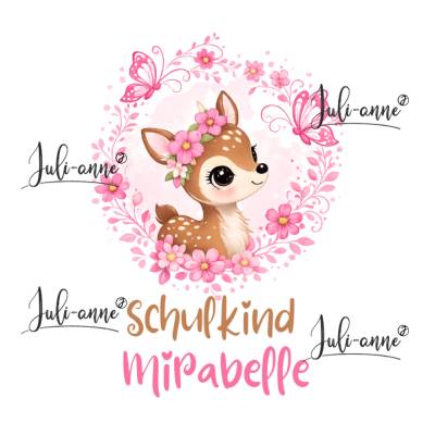 Bügelbild SCHULKIND Reh Blumenkranz personalisiert Name