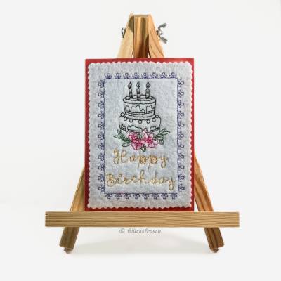 Geburtstagskarte mit gestickter Torte & Blumen auf Filz – Handgemacht & einzigartig, inkl. Umschlag