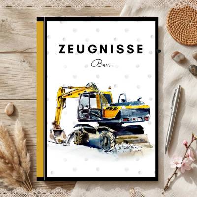 Süße Zeugnismappe für Jungs | Personalisiert | Baustellen - Motiv | Einschulung & Schulanfang Geschenk | 26-30