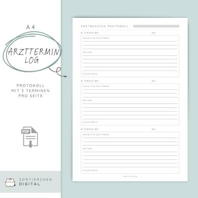 Arzttermin Log zum Dokumentieren von Arztbesuchen | Terminübersicht A4 PDF Vorlage zum ausdrucken