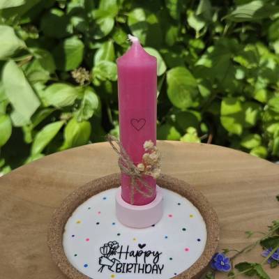 Geschenk-Set "Happy Birthday" ~ Korkuntersetzer mit Kerzen und Halter ~ Mitbringsel zum Geburtstag