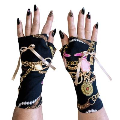 glamouröse Handschuhe ohne Finger aus bedrucktem Jersey ~ russisch ~ pompös mit Schleife