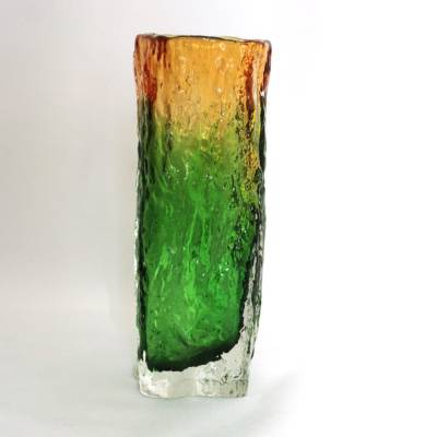 Vintage Glasvase Vase Grün Orange Gelb Farbverlauf Blumenvase Borkenvase Glas Noppen Bechervase Eckig Barkglas