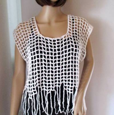 Kurzes Netz-Top mit Fransen, Crop Top, Häkeltop, Top, Shirt, freeform