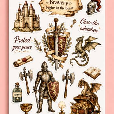 Medieval Fantasy Sticker Sheet – Knight & Dragon Vinyl  – Fantasy Aesthetic Planner Sticker – Medieval Castle Sticker