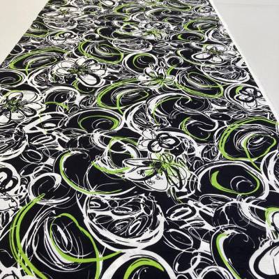 Baumwoll Stretch Piqué Stoff Expressives Blütendesign Modern Art Schwarz Apfelgrün METERWARE