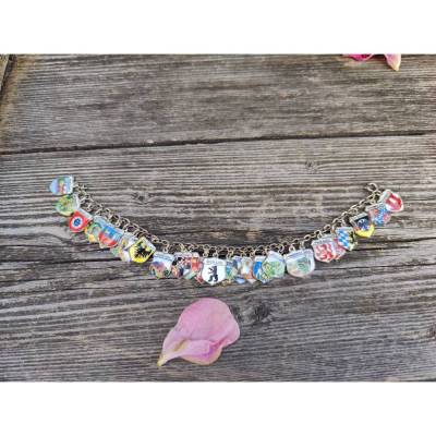 Vintage Bettelarmband, zumeist 800 Silber, Emailierte Stadtwappen