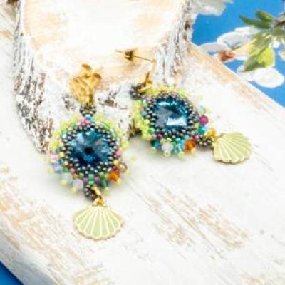 Maritime Glasperlen Ohrstecker, Beadwork Schmuck, Hippie, handgemacht Unikat, Anhänger Muschel , Geschenkidee, Freundin