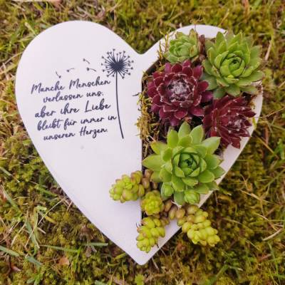 Bepflanztes Herz aus Beton mit Schriftzug Grabschmuck Trauer Grabgesteck Grabherz
