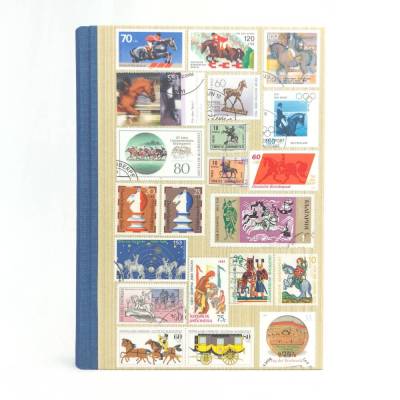 Notizbuch, Pferdesport, Briefmarken, DIN A5, 280 Seiten, blau, Upcycling