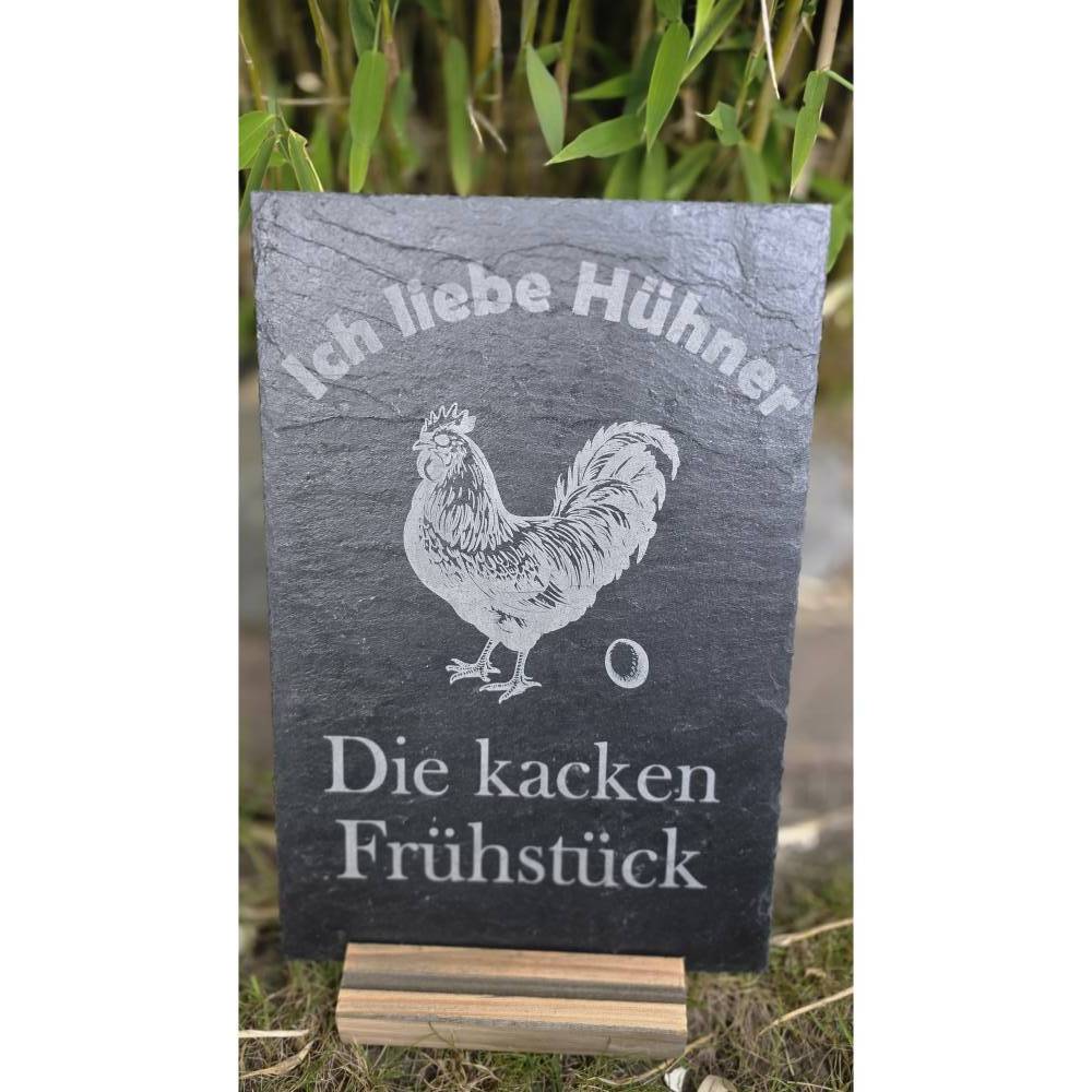 Dekorative Schieferplatte - Ich liebe Hühner - die kacken Frühstück 30x20 Bild 1