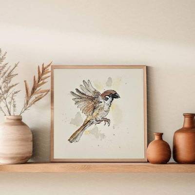 Aquarellbild fliegender Sperling
