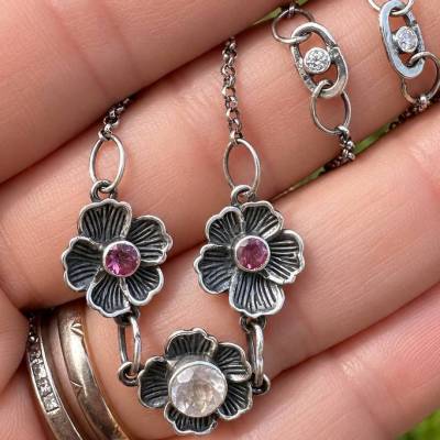 Rosenquarz, Blumen Halskette, Handmade, Moissanite, Diamant, Rosenquarz Silber 925, rosa Turmalin, Gänseblümchen