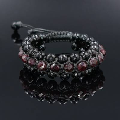 Herren Dreifach-Armband aus Edelsteinen Granat und Achat mit Knotenverschluss, Makramee Armband, 8 mm