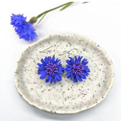 Blaue Kornblumen Ohrringe Polymer Clay, große Blumen Ohrringe, Sterlingsilber Haken, realistische Blumen