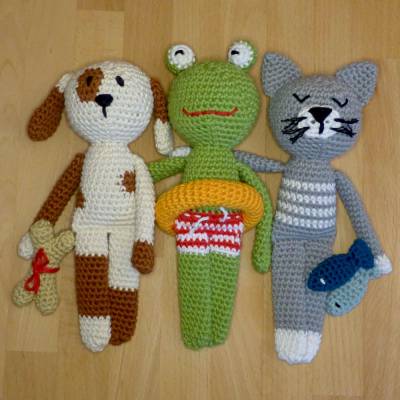 Häkelanleitung Schlenkertiere Hund, Katze und Frosch, Kuscheltier, Spielzeug, pdf-Datei