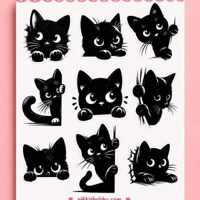 Black Cat Sticker Sheet – Cute Black Kitty Vinyl – Kawaii Cat Sticker Pack – Cat Lover Planner Sticker – Minimal Cat