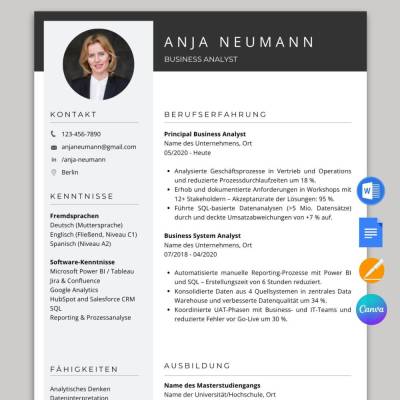Lebenslauf Vorlage Business Analyst, Tabellarischer Lebenslauf Senior Business Analyst - Word, Google Docs, Pages, Canva