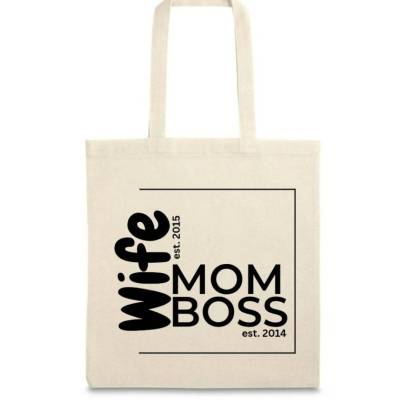 Personalisierte Baumwolltasche „Wife Mom Boss“ mit Wunschdatum