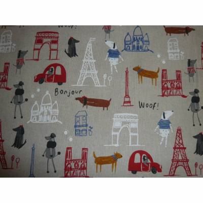 0,45m RESTSTÜCK Stoff Canvas Dekostoff Paris, Eifelturm, Triumphbogen bunt auf natur / hellbeige / Leienoptik