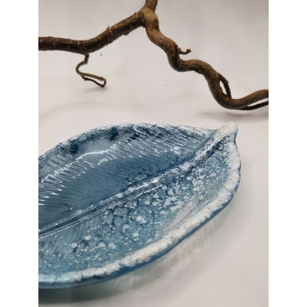 Deko Blatt Ablage Graublau-weiß 14×10cm