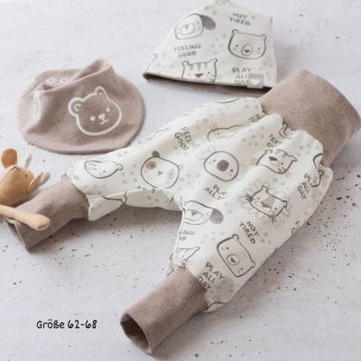 Erstlingsset „Teddybär“ | Babyset mit Pumphose, Mütze & Halstuch | Geschenk zur Geburt
