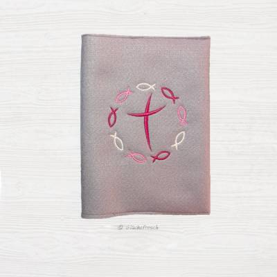 Gotteslobhülle für die Großausgabe - Großdruck, Filz grau – bestickt Fischen und Kreuz, rosa